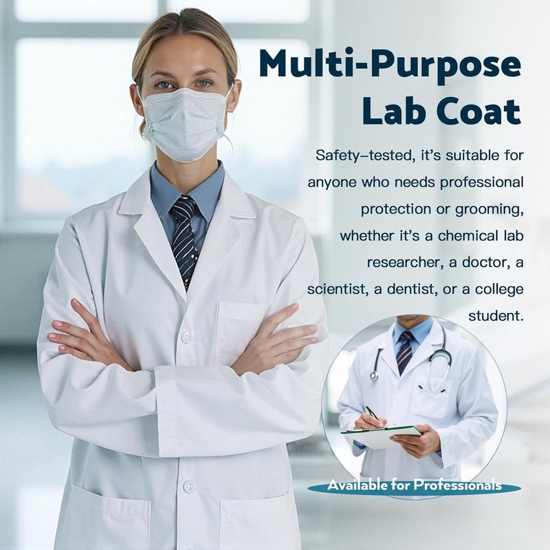 Greenour Professional Lab Coat for Women Long Sleeve White Medical Coat Uniform with 3 Pockets, Size XS-XL - Image 4
